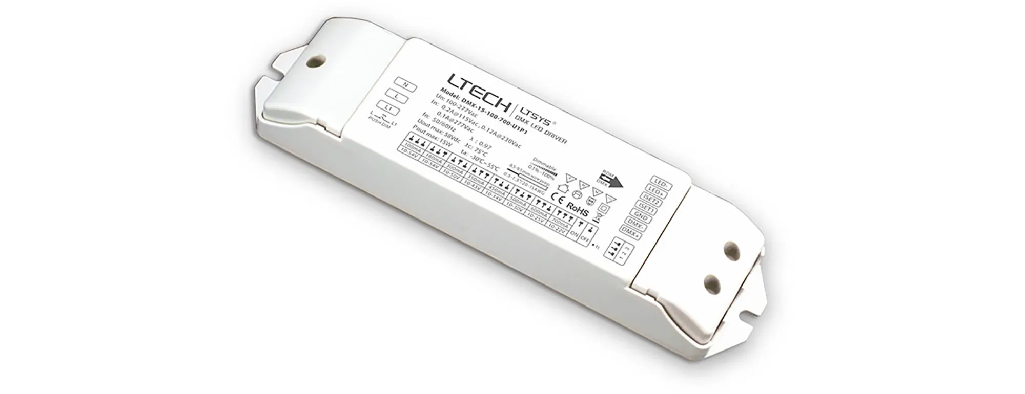 DMX-25-150-900-U1P1  DMX512/RDM, Push Dim, PWM, 1.5-25W, CC Dimmable Driver, 10-54Vdc 150-900mA O/P, EFF>85%, IP20.